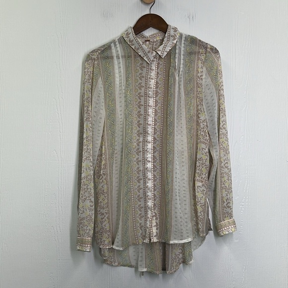 Free People - Floral Fun Design Multi Colored Button Up See Thru Blouse Large - Picture 8 of 12